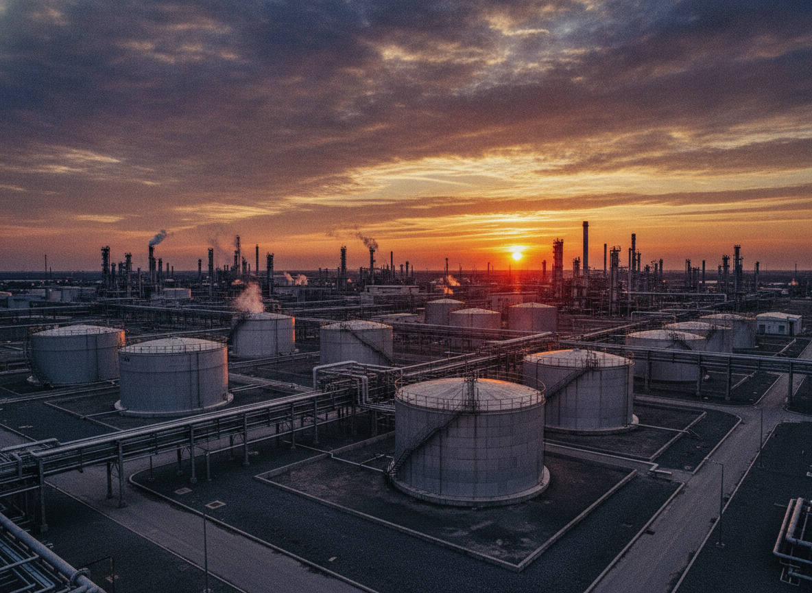 Vista de refinaria de petróleo ao entardecer, tanques e chaminés | Imagine Company - Agência de Marketing e Vendas em Goiânia - GO - BRASIL