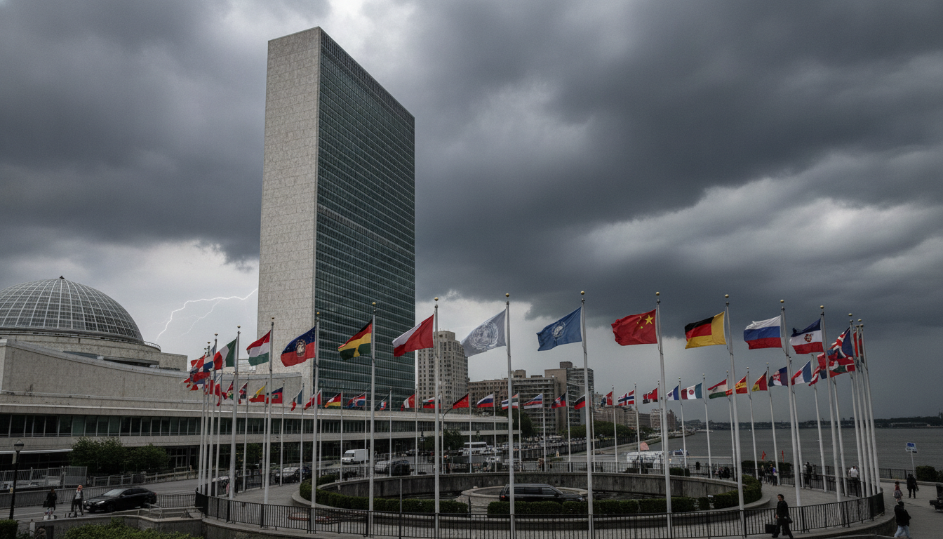 Prédio da ONU com bandeiras e céu nublado, simbolizando tensão global | Imagine Company - Agência de Marketing e Vendas em Goiânia - GO - BRASIL