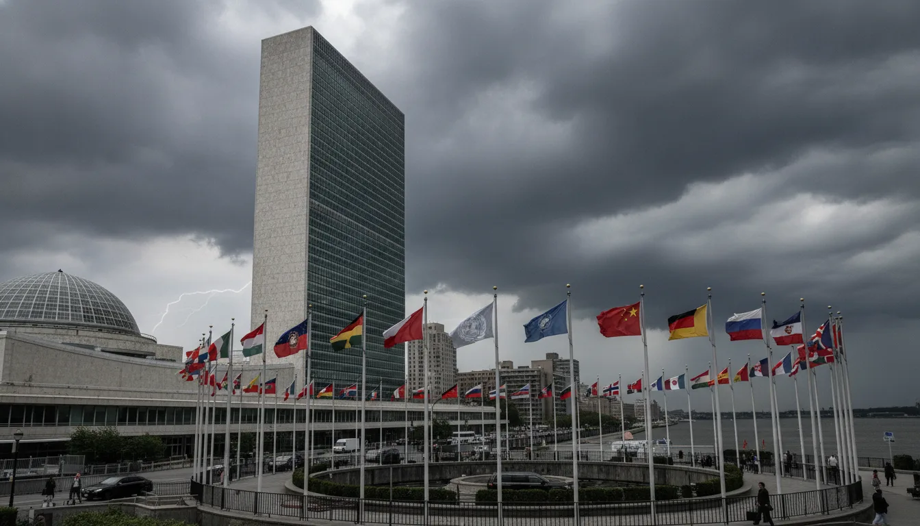 Prédio da ONU com bandeiras e céu nublado, simbolizando tensão global | Imagine Company - Agência de Marketing e Vendas em Goiânia - GO - BRASIL