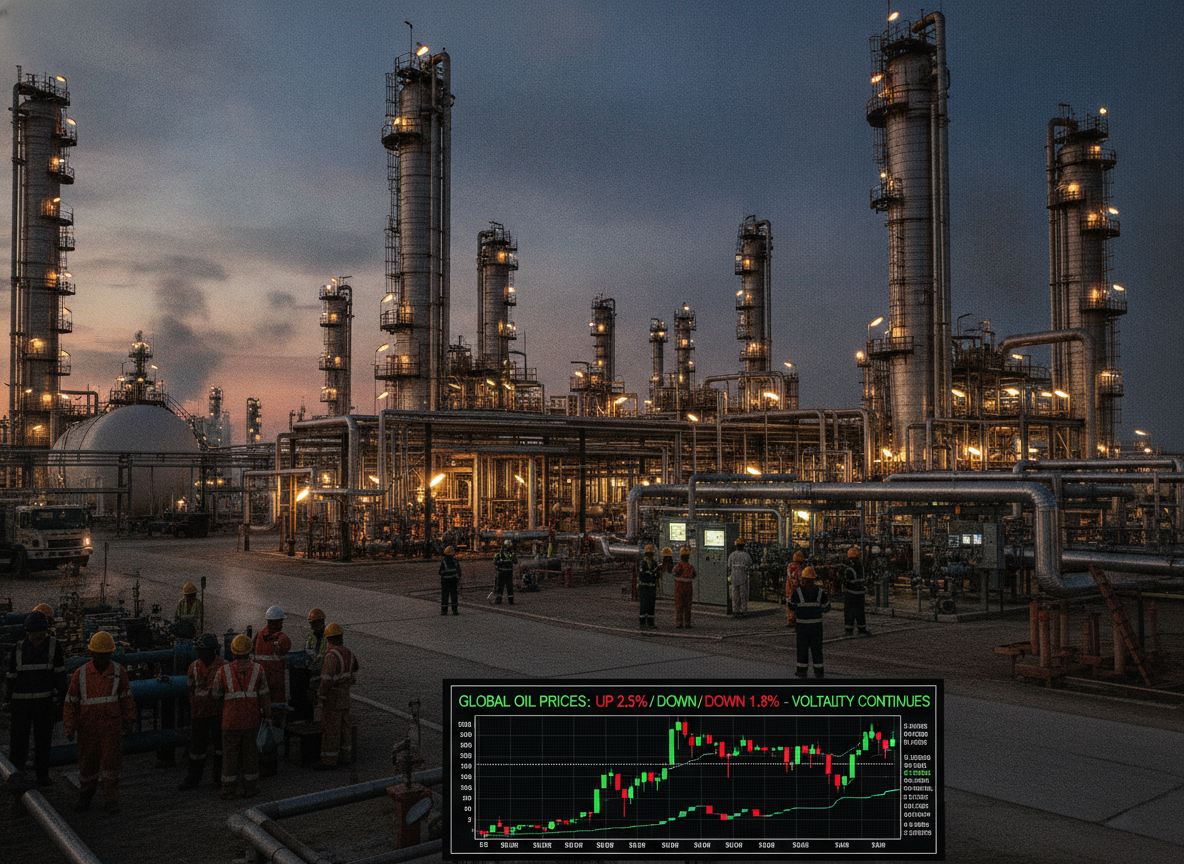 Imagem de refinaria de petróleo ao entardecer com gráfico de preços em alta. | Imagine Company - Agência de Marketing e Vendas em Goiânia - GO - BRASIL