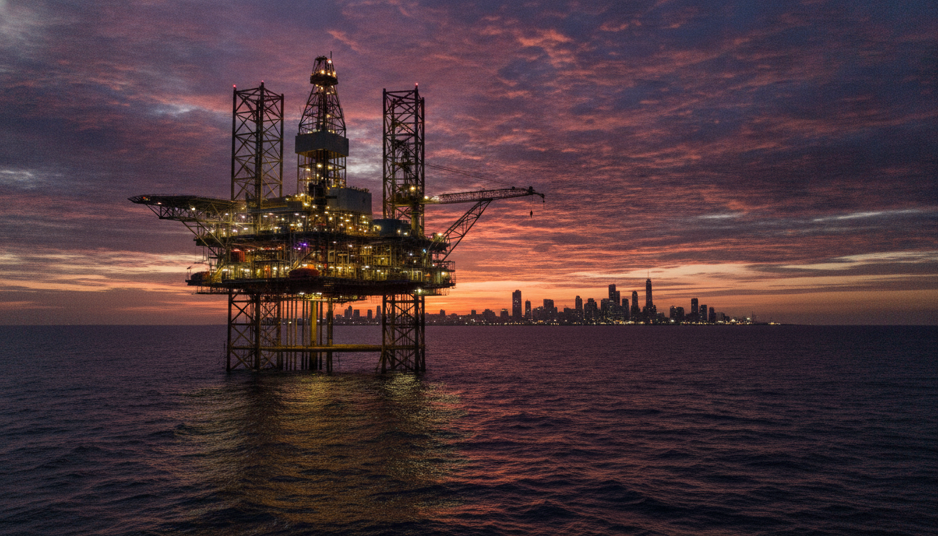 Plataforma de petróleo no mar com cidade ao fundo durante o pôr do sol. | Imagine Company - Agência de Marketing e Vendas em Goiânia - GO - BRASIL