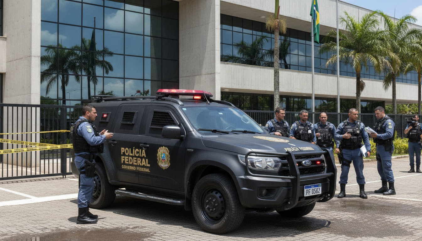 Viatura da Polícia Federal e policiais em frente a edifício | Imagine Company - Agência de Marketing e Vendas em Goiânia - GO - BRASIL