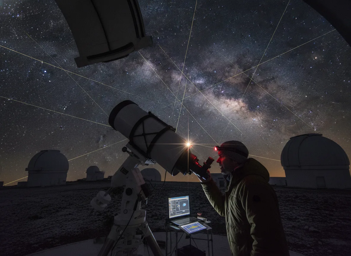 Astrônomo usando telescópio sob céu estrelado em observatório. | Imagine Company - Agência de Marketing e Vendas em Goiânia - GO - BRASIL