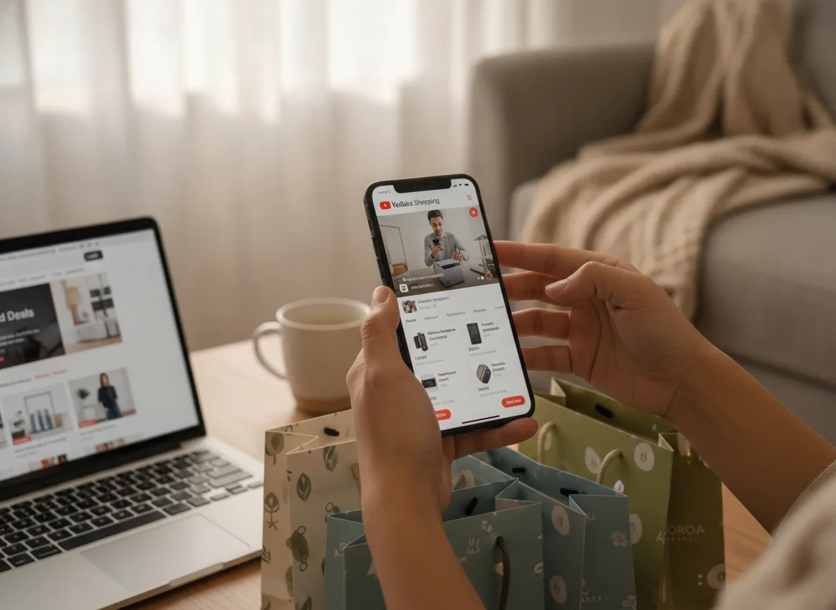 Pessoa usando smartphone para compras no YouTube com sacolas ao redor | Imagine Company - Agência de Marketing e Vendas em Goiânia - GO - BRASIL