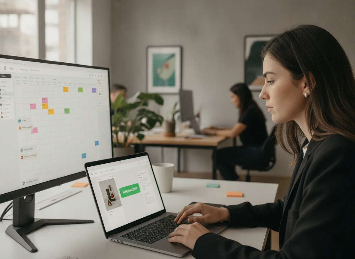 Mulher trabalhando em laptop com plataforma de aprovação de posts em escritório | Imagine Company - Agência de Marketing e Vendas em Goiânia - GO - BRASIL