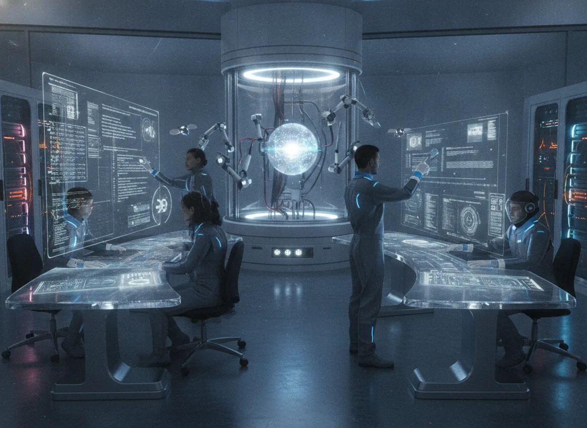 Sala futurista com pessoas interagindo em telas holográficas | Imagine Company - Agência de Marketing e Vendas em Goiânia - GO - BRASIL