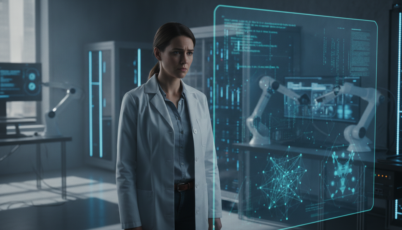 Pesquisador em laboratório de IA com holograma de dados e robôs | Imagine Company - Agência de Marketing e Vendas em Goiânia - GO - BRASIL