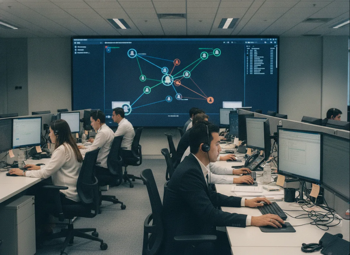 Analistas em sala de controle monitorando dados em telas grandes | Imagine Company - Agência de Marketing e Vendas em Goiânia - GO - BRASIL
