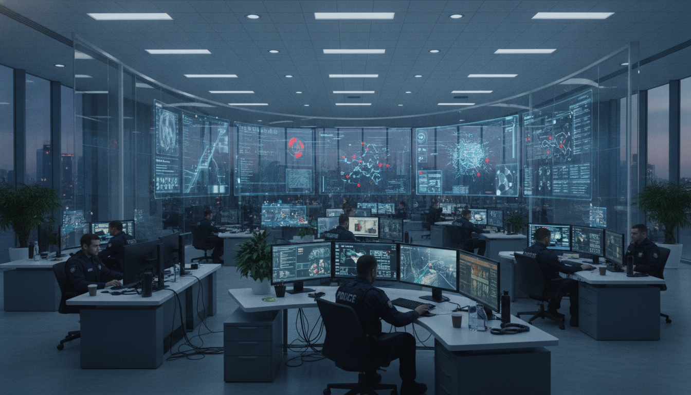Sala de controle policial com agentes monitorando dados em telas grandes | Imagine Company - Agência de Marketing e Vendas em Goiânia - GO - BRASIL