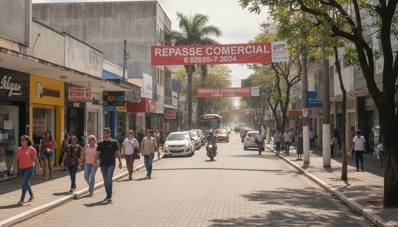 Rua em Goiânia com faixa de repasse comercial, pessoas caminhando e lojas | Imagine Company - Agência de Marketing e Vendas em Goiânia - GO - BRASIL