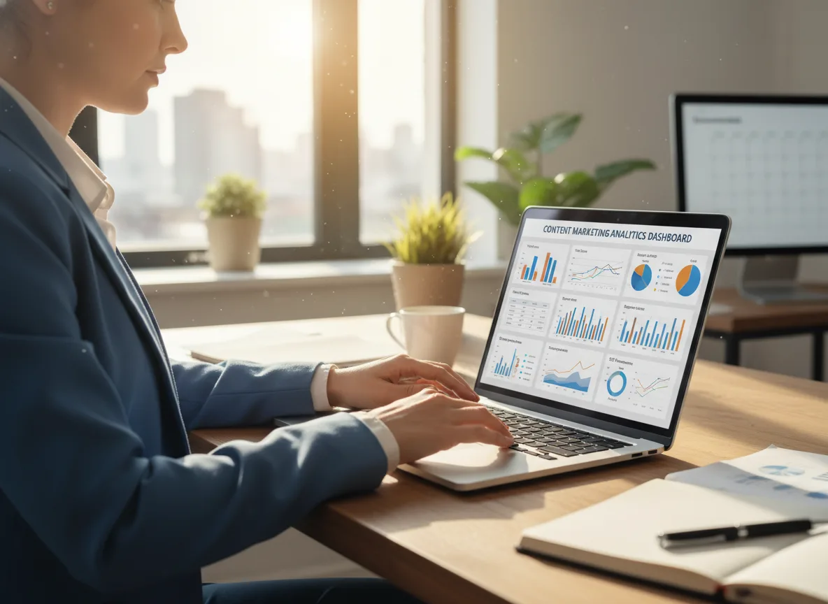 Pessoa usando laptop com gráficos de marketing digital, enfatizando content marketing | Imagine Company - Agência de Marketing e Vendas em Goiânia - GO - BRASIL