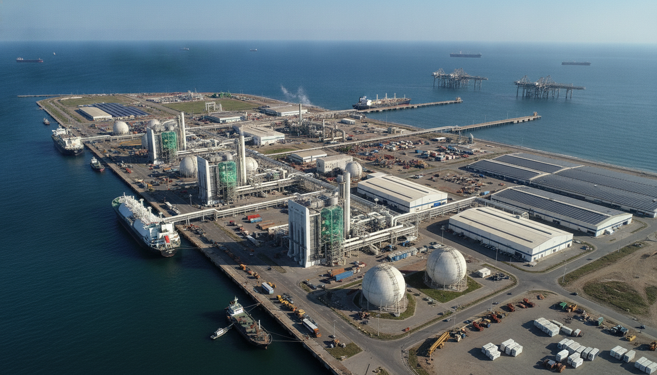 Imagem aérea do Porto do Açu com instalações industriais e navios | Imagine Company - Agência de Marketing e Vendas em Goiânia - GO - BRASIL