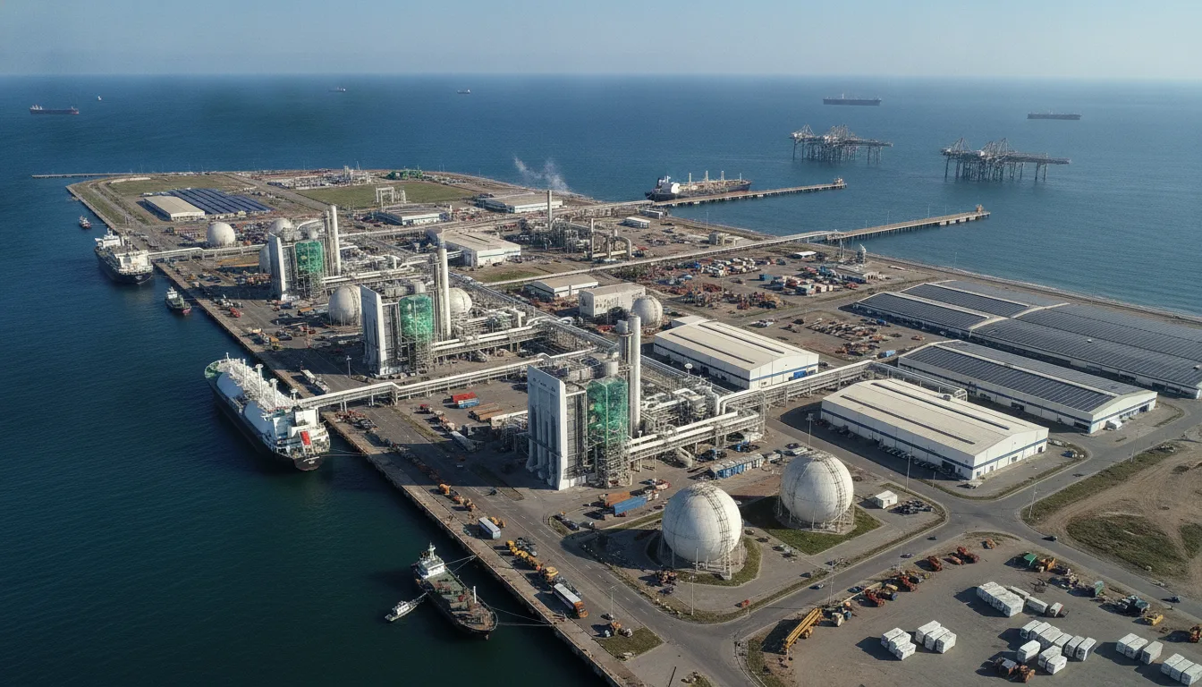 Imagem aérea do Porto do Açu com instalações industriais e navios | Imagine Company - Agência de Marketing e Vendas em Goiânia - GO - BRASIL