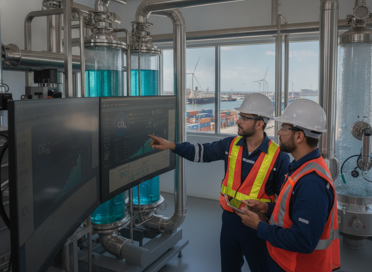 Dois engenheiros observam telas com gráficos de CO2 em uma instalação industrial no Porto do Açu | Imagine Company - Agência de Marketing e Vendas em Goiânia - GO - BRASIL