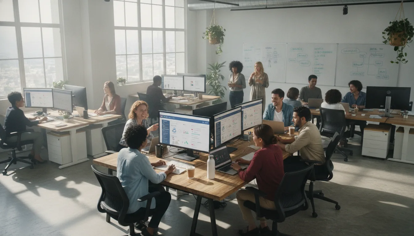 Equipe em escritório moderno gerenciando redes sociais em computadores. | Imagine Company - Agência de Marketing e Vendas em Goiânia - GO - BRASIL
