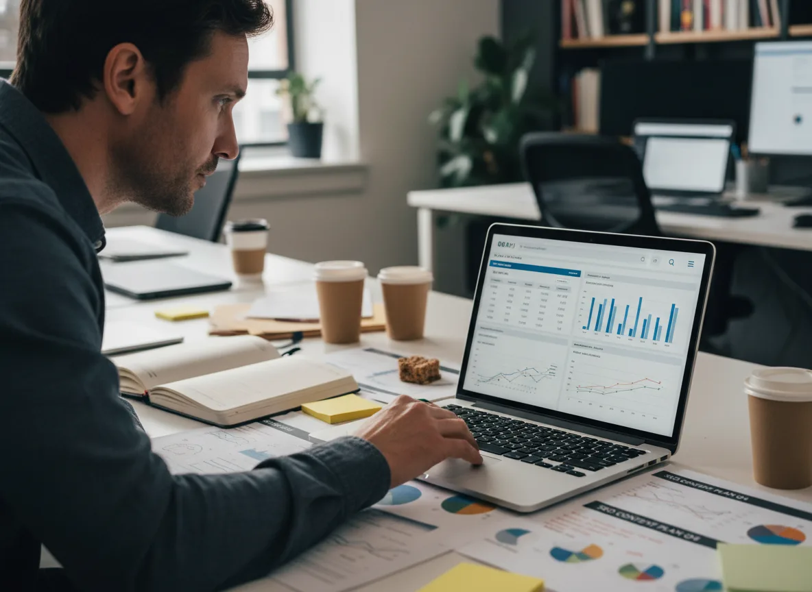 Homem analisando gráficos de desempenho em laptop em escritório moderno | Imagine Company - Agência de Marketing e Vendas em Goiânia - GO - BRASIL