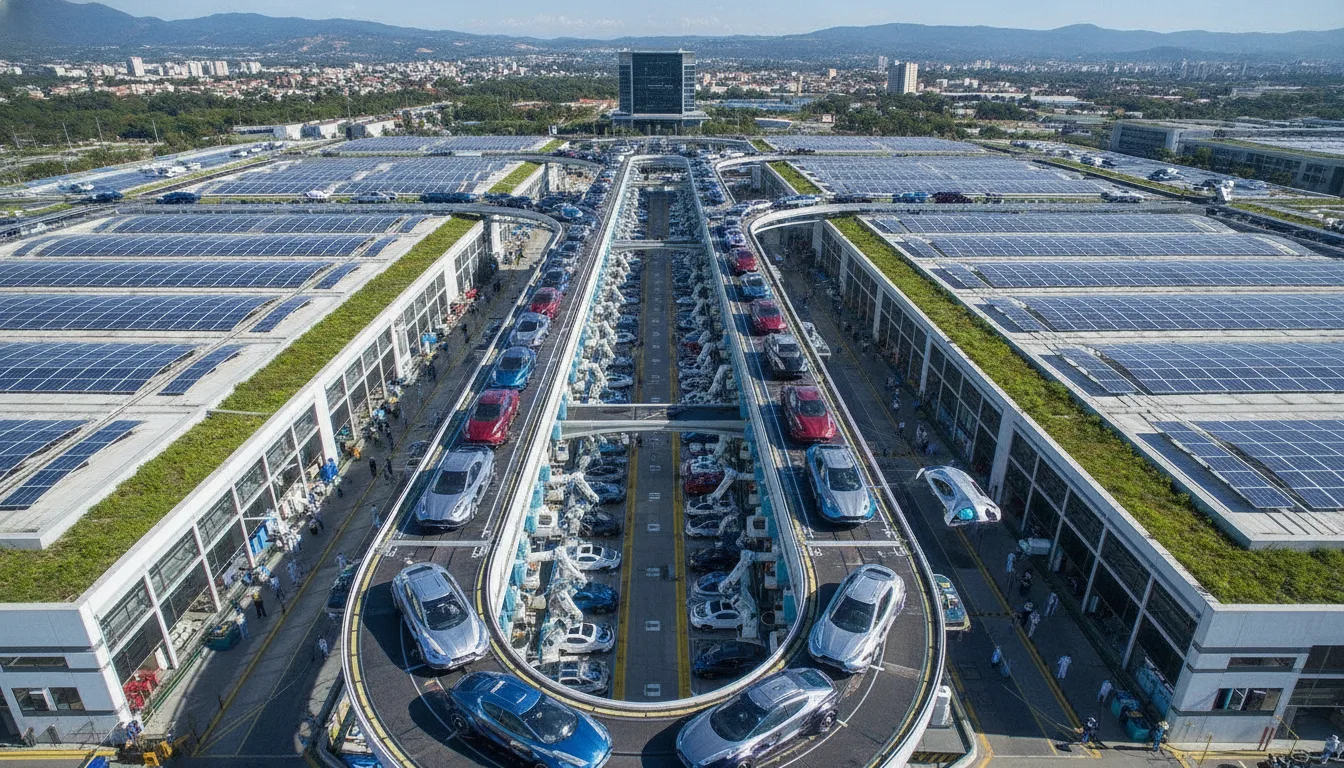 Imagem aérea de uma fábrica de carro voador com painéis solares no interior de SP | Imagine Company - Agência de Marketing e Vendas em Goiânia - GO - BRASIL