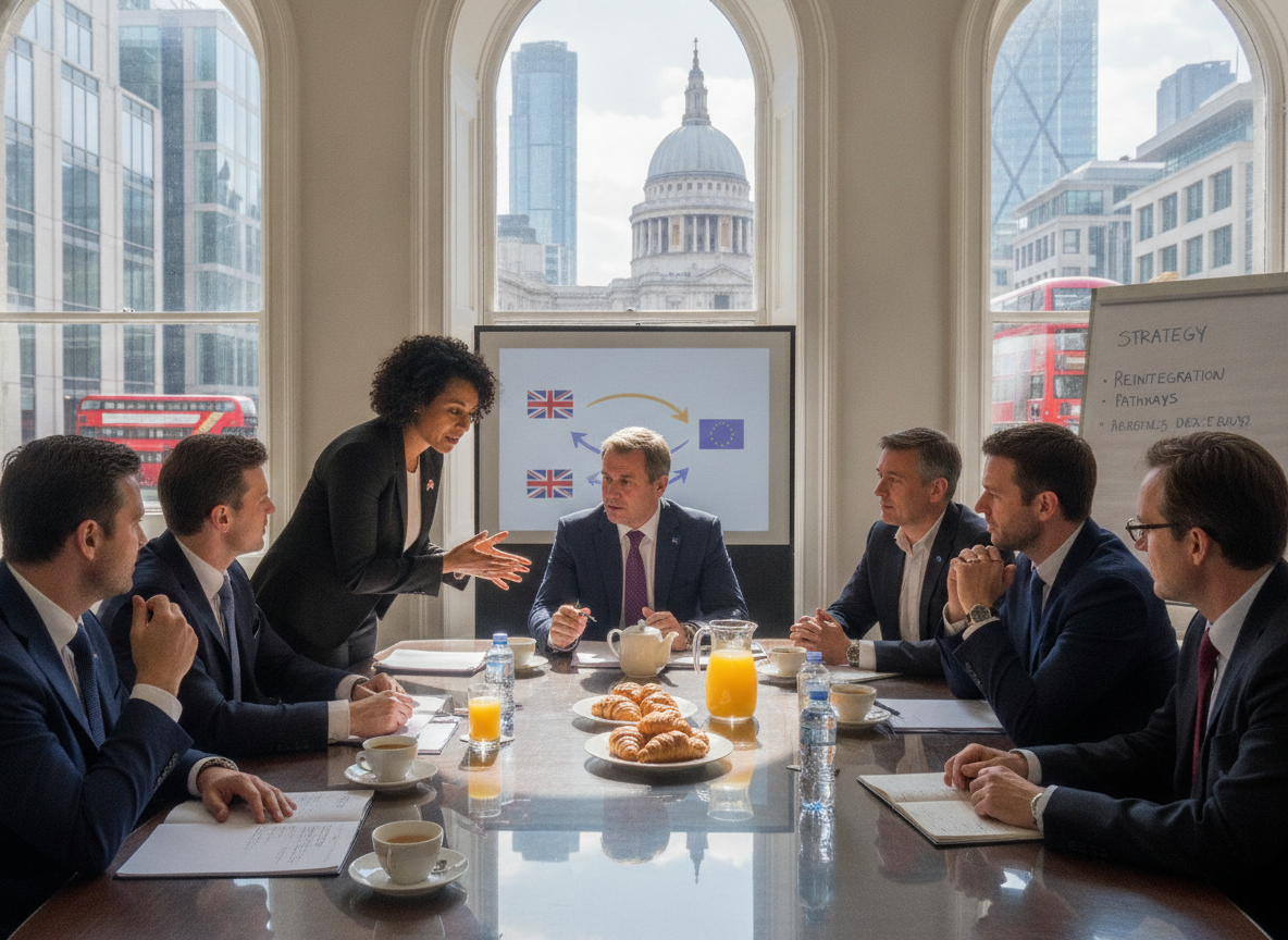 Reunião com primeiro-ministro britânico discutindo retorno à UE, bandeiras do Reino Unido e UE ao fundo | Imagine Company - Agência de Marketing e Vendas em Goiânia - GO - BRASIL