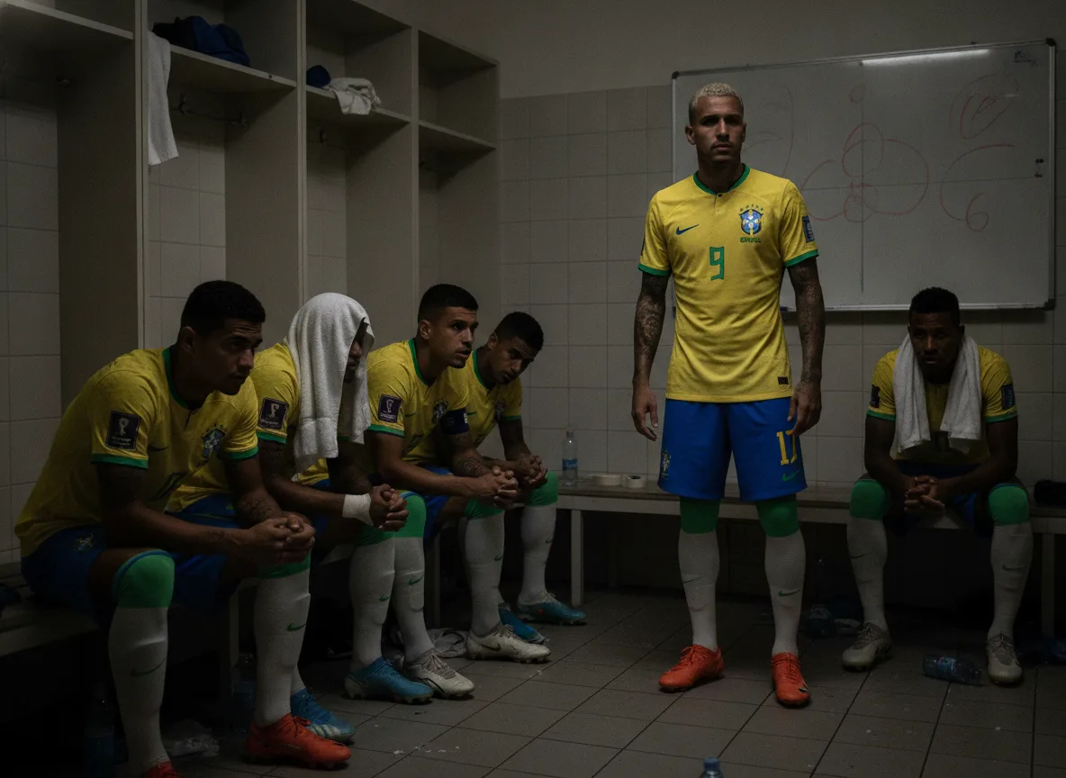 Jogadores da seleção brasileira sentados no vestiário, clima tenso | Imagine Company - Agência de Marketing e Vendas em Goiânia - GO - BRASIL