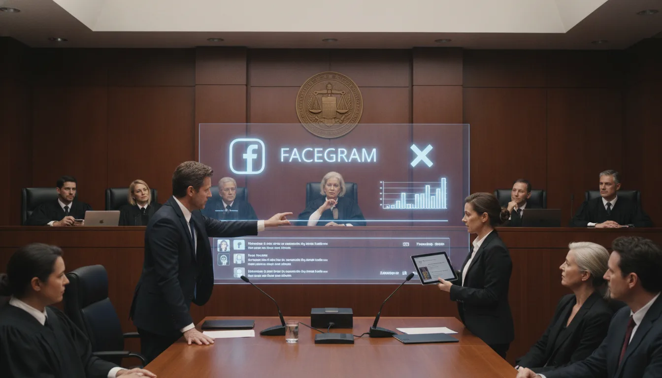 Cena de tribunal com advogados e juízes discutindo caso de rede social Facegram | Imagine Company - Agência de Marketing e Vendas em Goiânia - GO - BRASIL