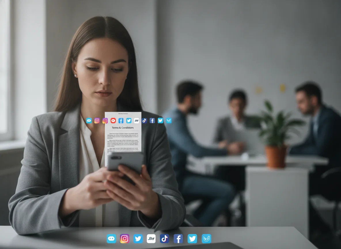 Mulher em escritório olhando para smartphone, com ícones de redes sociais ao redor | Imagine Company - Agência de Marketing e Vendas em Goiânia - GO - BRASIL