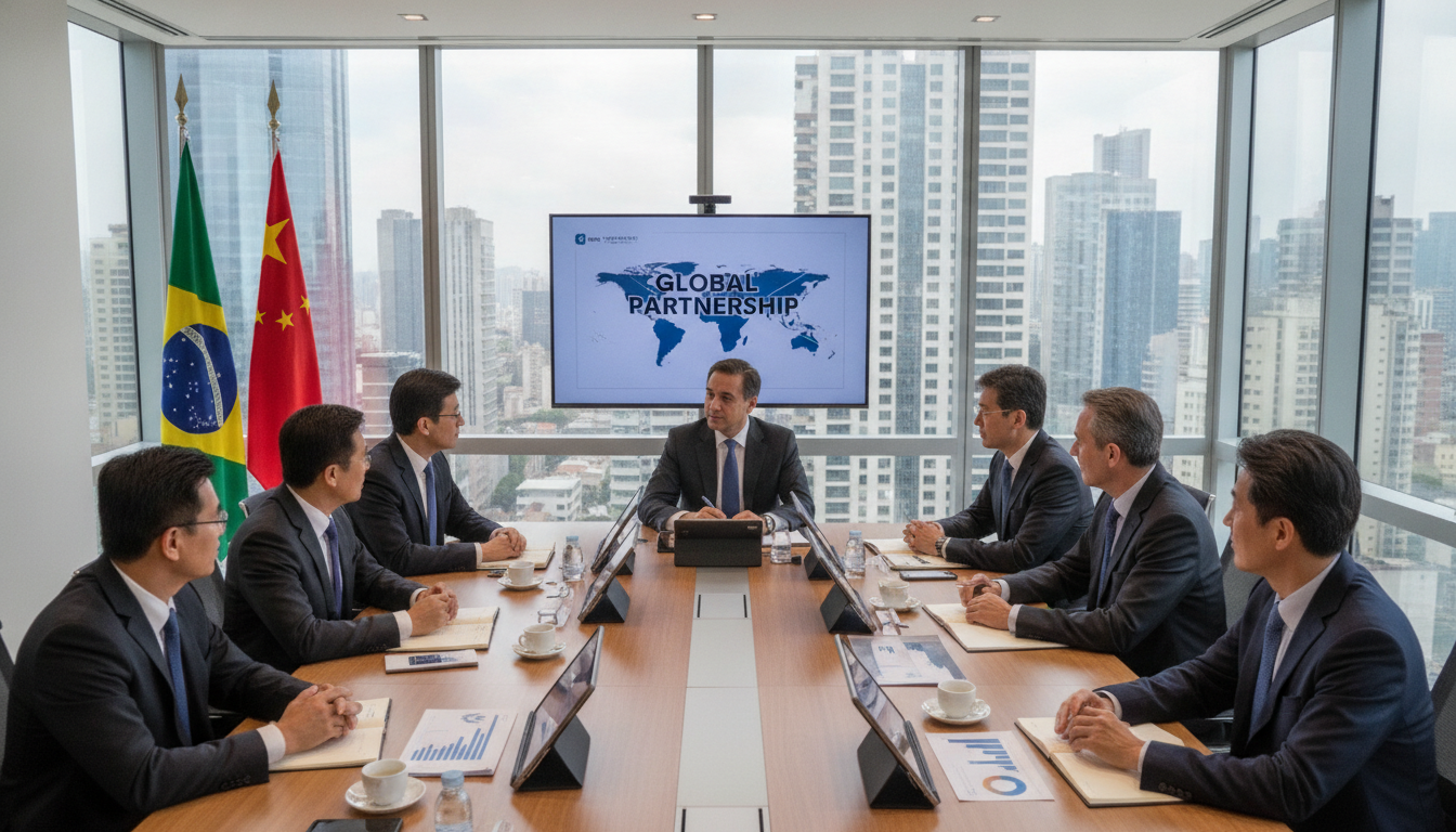 Executivos em reunião discutindo parcerias Brasil-China com bandeiras ao fundo | Imagine Company - Agência de Marketing e Vendas em Goiânia - GO - BRASIL
