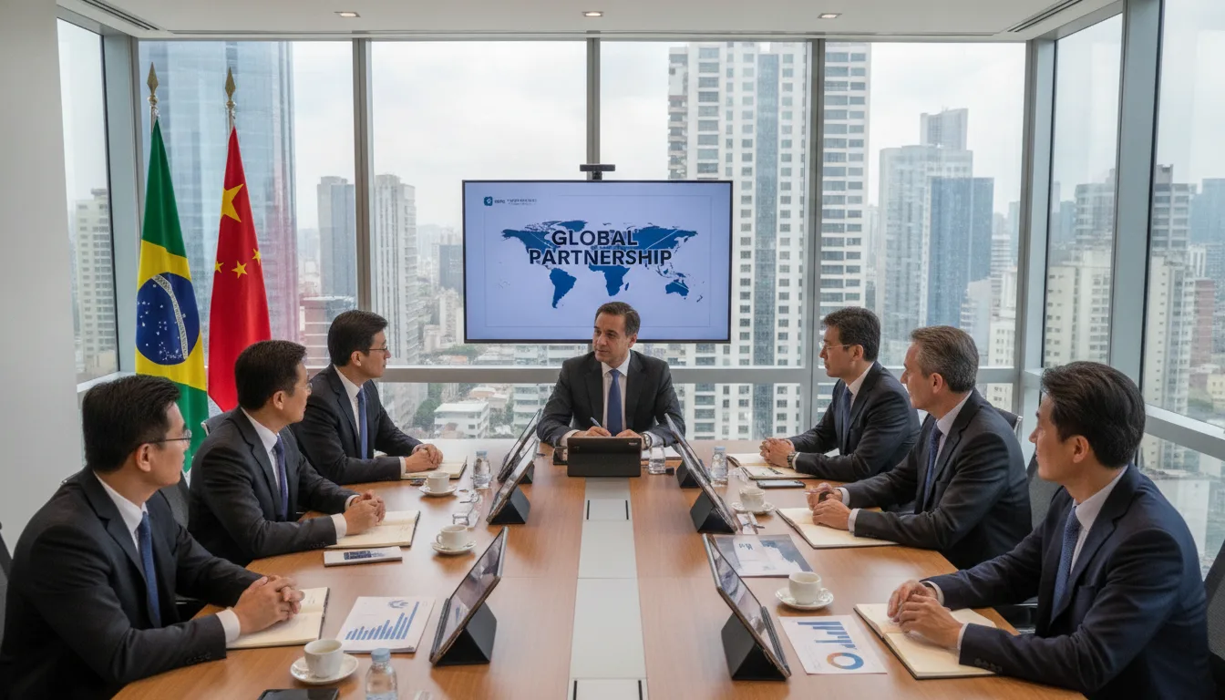Executivos em reunião discutindo parcerias Brasil-China com bandeiras ao fundo | Imagine Company - Agência de Marketing e Vendas em Goiânia - GO - BRASIL
