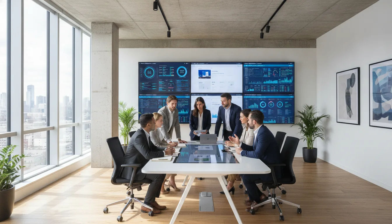 Grupo de pessoas em reunião em sala de conferência com telas digitais | Imagine Company - Agência de Marketing e Vendas em Goiânia - GO - BRASIL