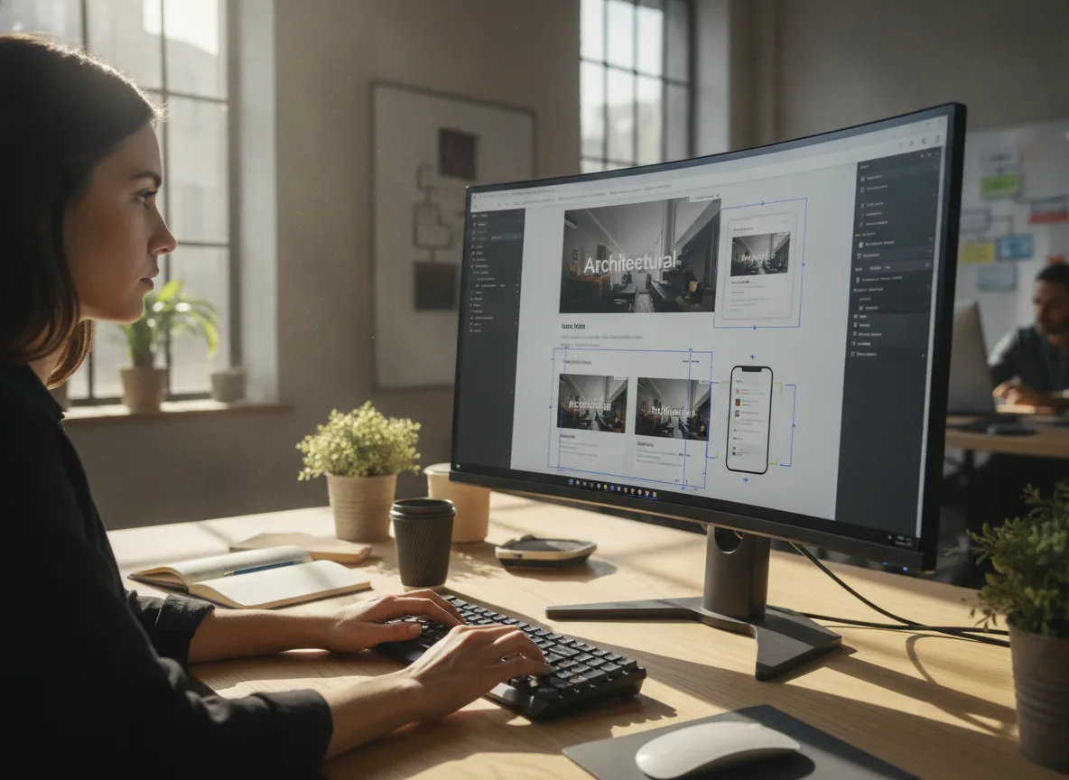 Mulher trabalhando em design de site em monitor grande | Imagine Company - Agência de Marketing e Vendas em Goiânia - GO - BRASIL