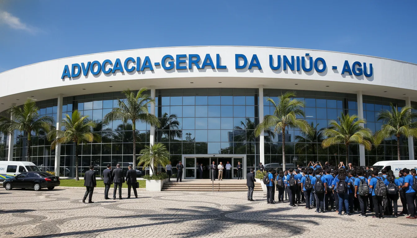 Fachada da Advocacia-Geral da União com grupo de pessoas na entrada | Imagine Company - Agência de Marketing e Vendas em Goiânia - GO - BRASIL