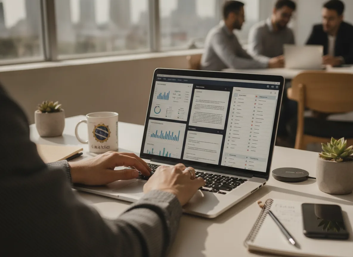 Pessoa usando laptop com gráficos em reunião de negócios | Imagine Company - Agência de Marketing e Vendas em Goiânia - GO - BRASIL