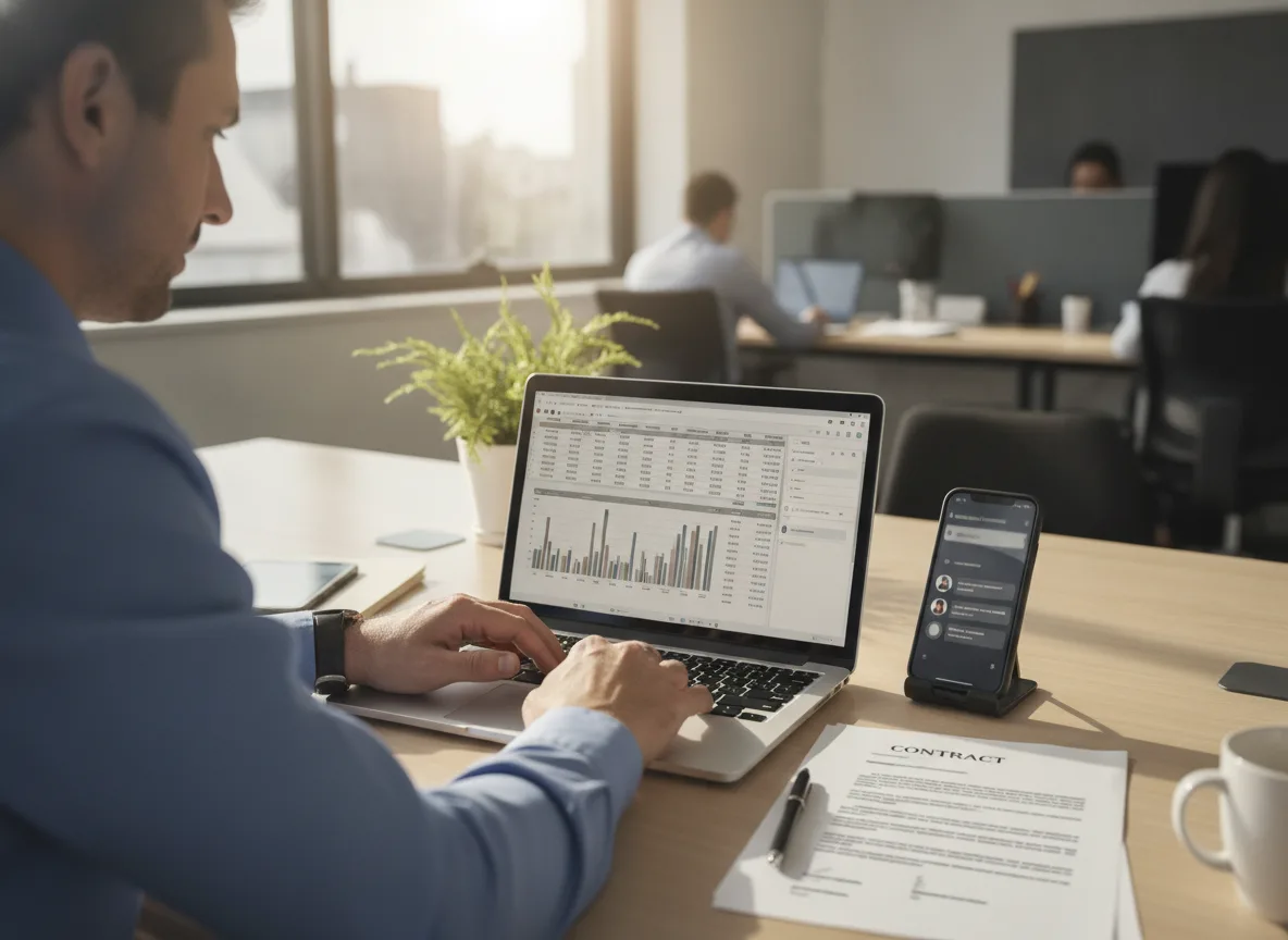 Pessoa trabalhando em laptop com gráficos e documentos sobre proposta comercial. | Imagine Company - Agência de Marketing e Vendas em Goiânia - GO - BRASIL