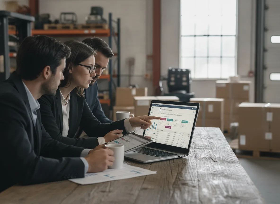 Três pessoas em reunião analisando gráficos de prospecção B2B em um laptop | Imagine Company - Agência de Marketing e Vendas em Goiânia - GO - BRASIL