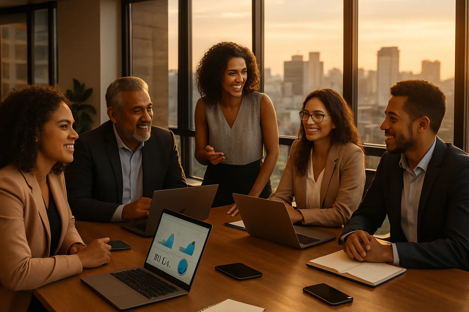 Grupo de profissionais em reunião sobre prospecção B2B com laptops e gráficos | Imagine Company - Agência de Marketing e Vendas em Goiânia - GO - BRASIL