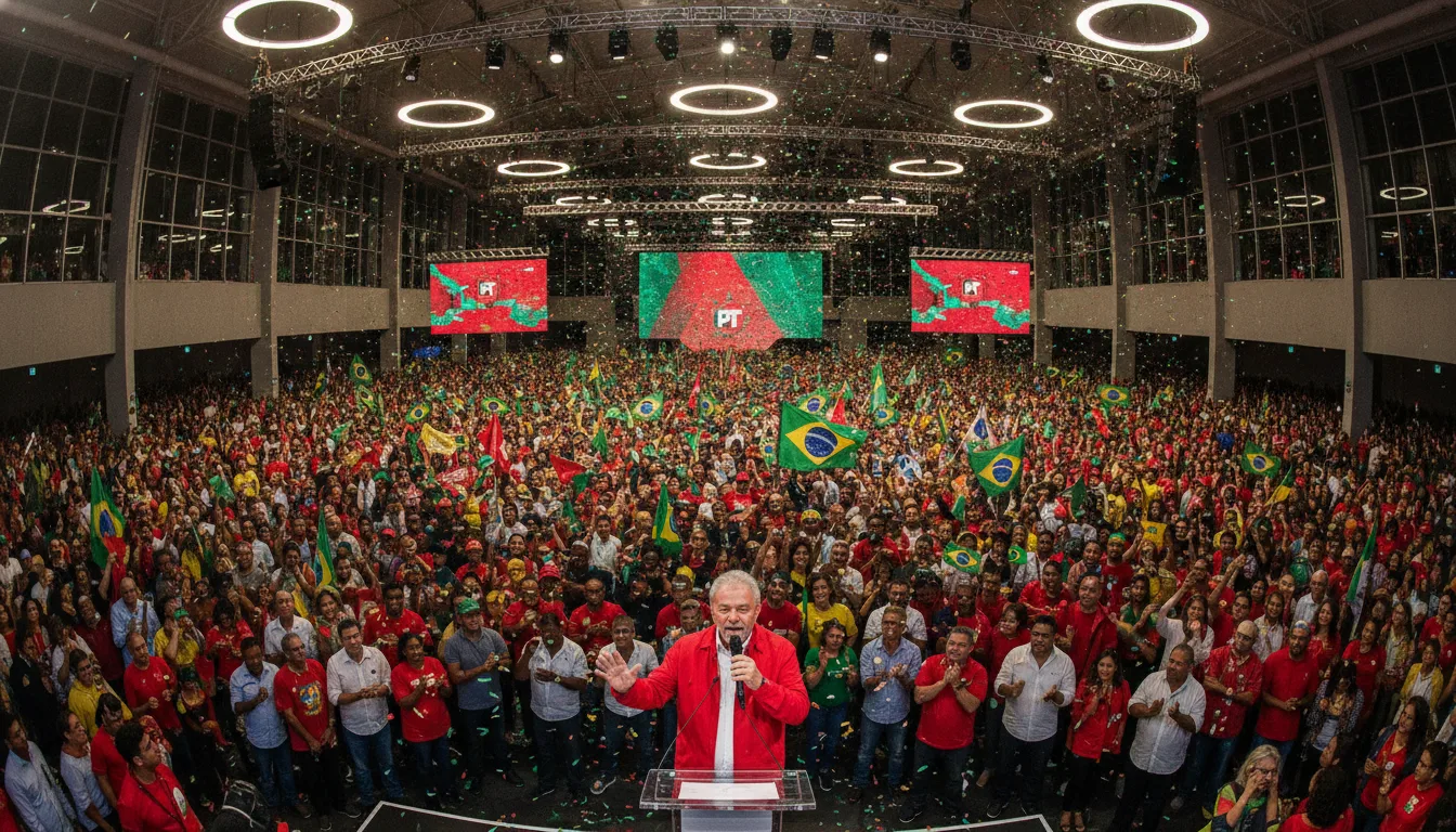 Multidão em convenção do PT com bandeiras do Brasil e Lula no palco | Imagine Company - Agência de Marketing e Vendas em Goiânia - GO - BRASIL