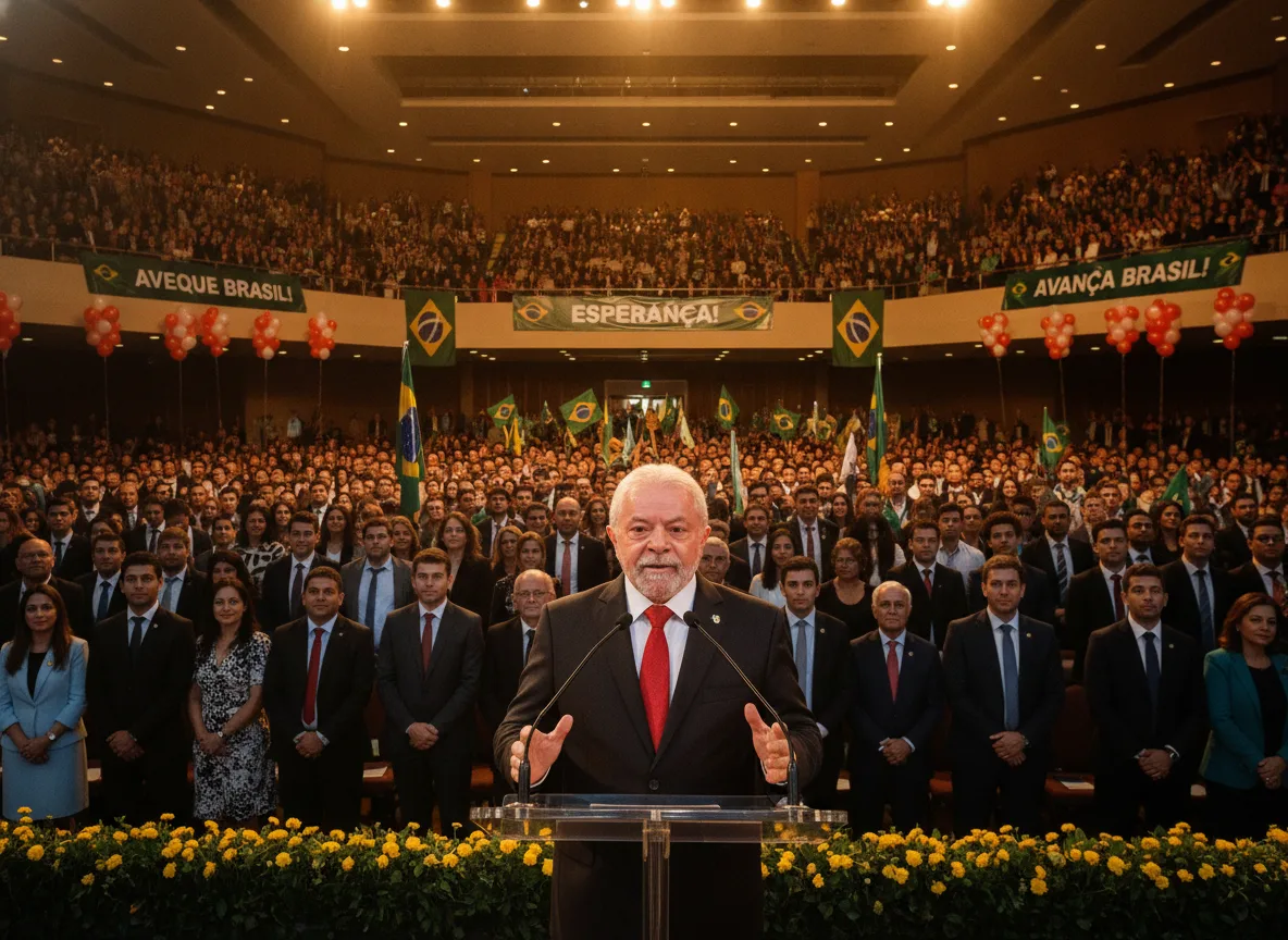 Lula discursando na Convenção Nacional do PT com público e bandeiras | Imagine Company - Agência de Marketing e Vendas em Goiânia - GO - BRASIL