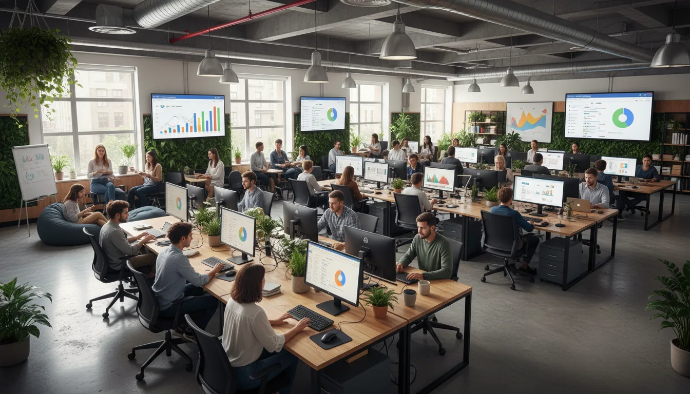 Profissionais em escritório moderno trabalhando em computadores com gráficos de marketing digital | Imagine Company - Agência de Marketing e Vendas em Goiânia - GO - BRASIL