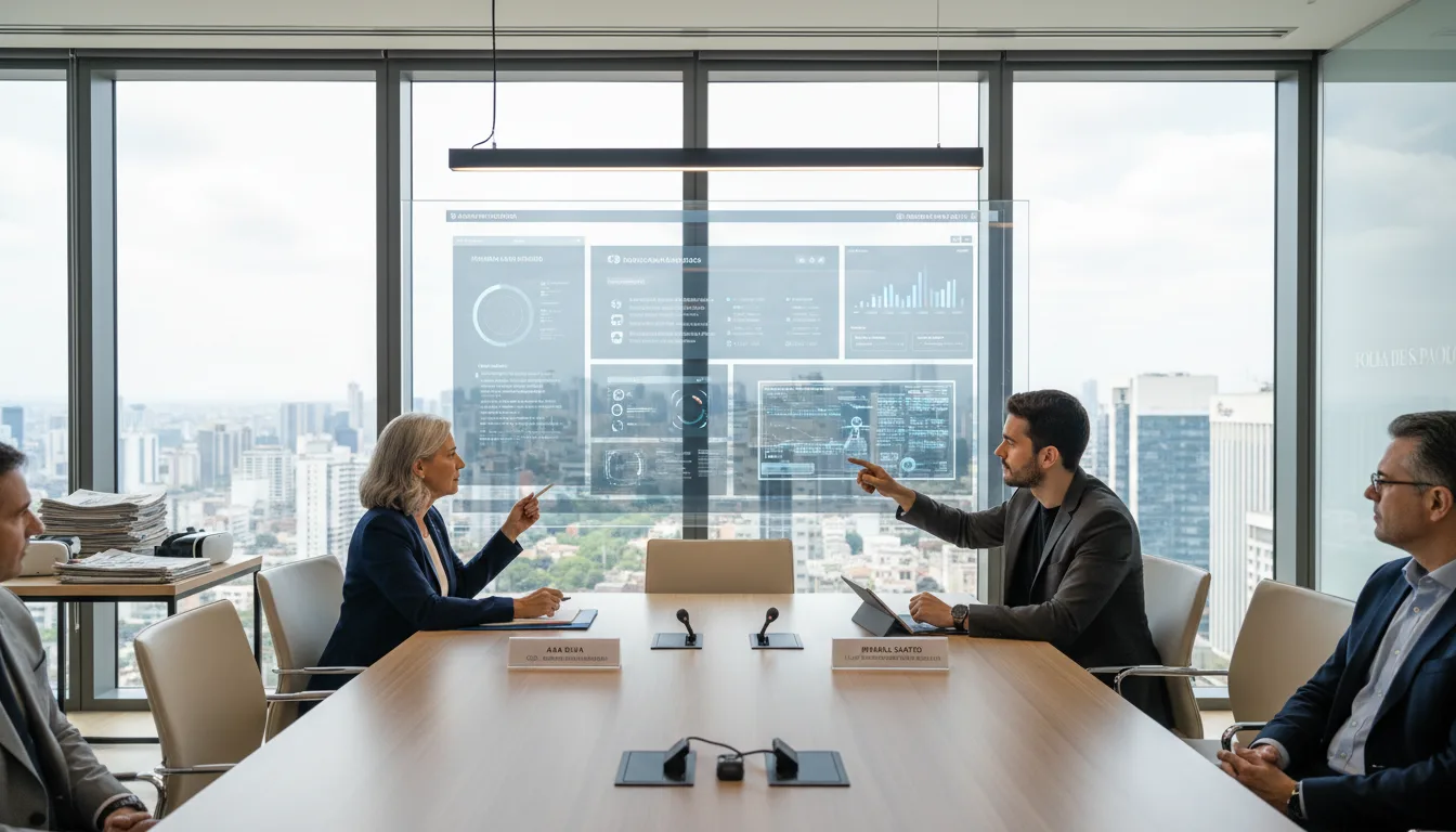 Executivos em reunião analisando dados em painel digital | Imagine Company - Agência de Marketing e Vendas em Goiânia - GO - BRASIL