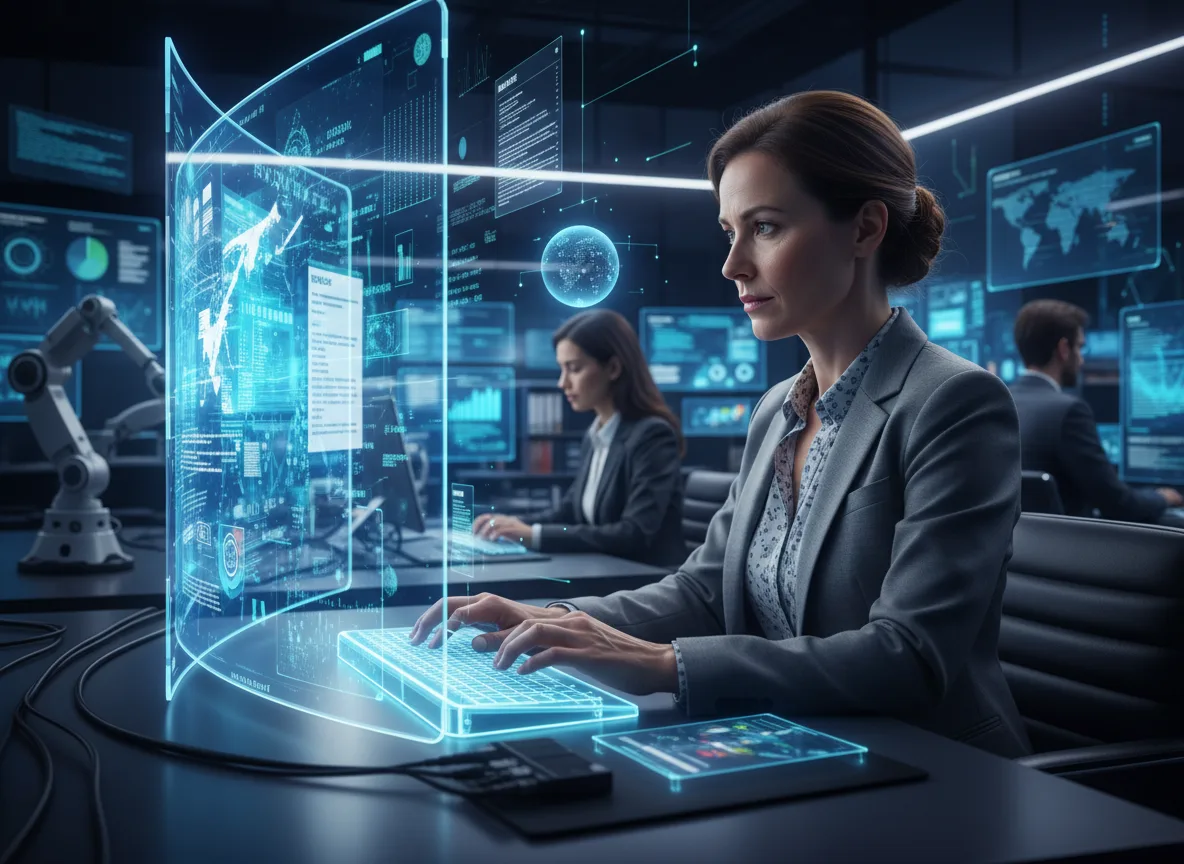 Executiva em frente a tela digital em escritório moderno | Imagine Company - Agência de Marketing e Vendas em Goiânia - GO - BRASIL