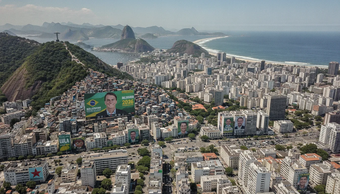 Imagem aérea do Rio de Janeiro com outdoors políticos de Flávio Bolsonaro e outros candidatos | Imagine Company - Agência de Marketing e Vendas em Goiânia - GO - BRASIL