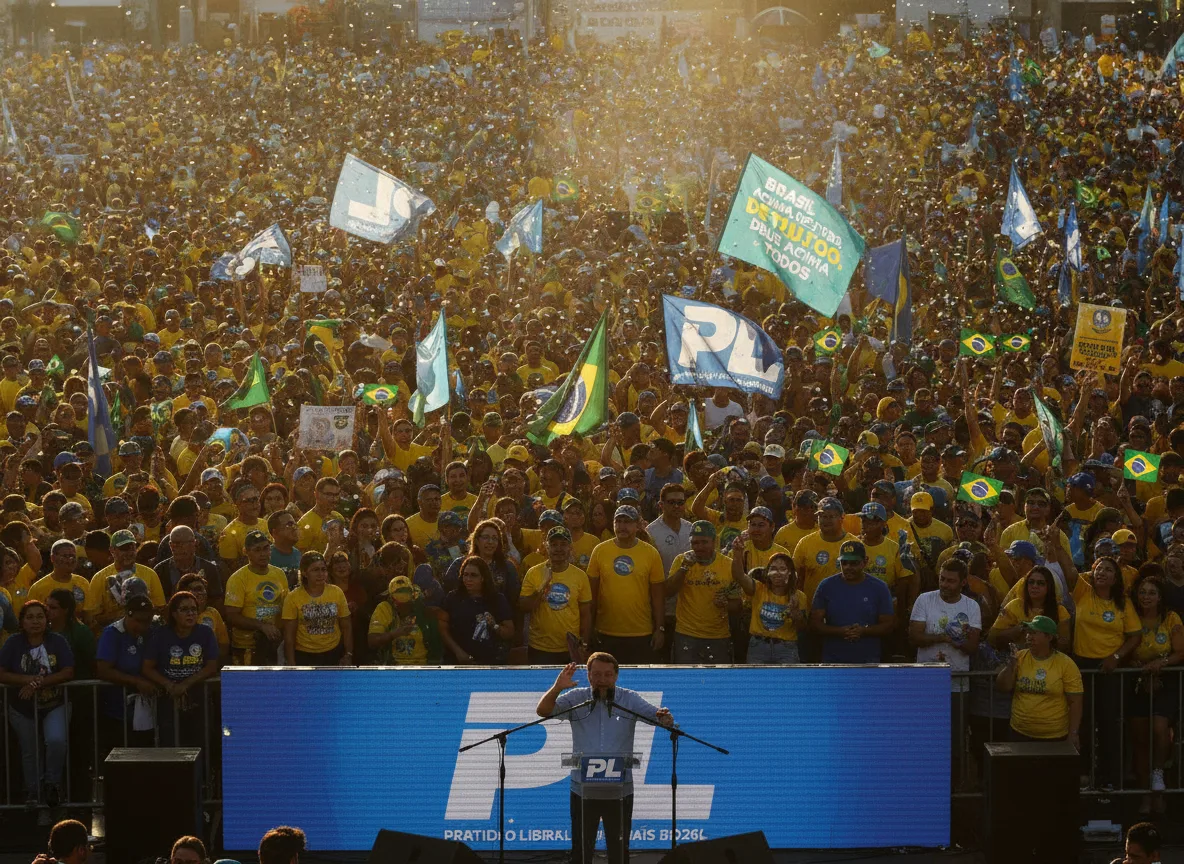 Comício lotado com bandeiras de partido político no Brasil | Imagine Company - Agência de Marketing e Vendas em Goiânia - GO - BRASIL