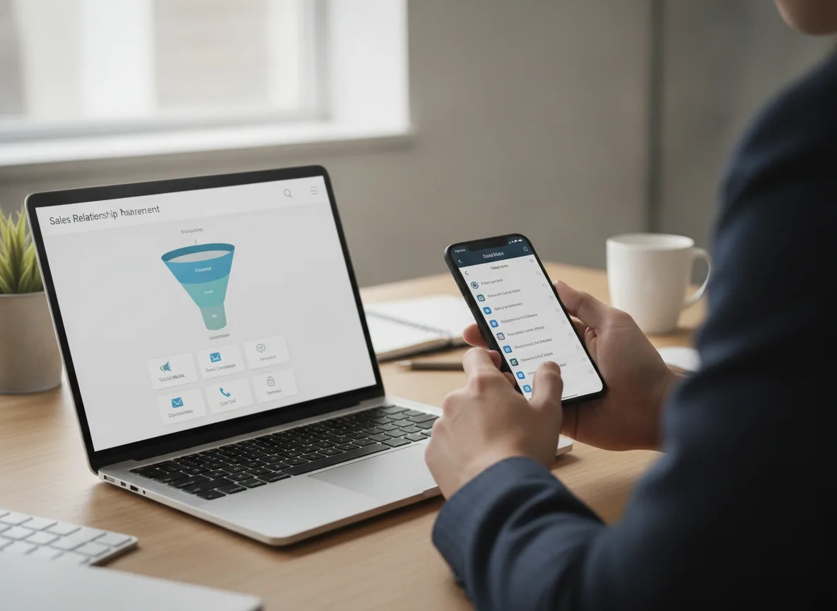 Pessoa usando laptop e smartphone com funil de vendas na tela | Imagine Company - Agência de Marketing e Vendas em Goiânia - GO - BRASIL