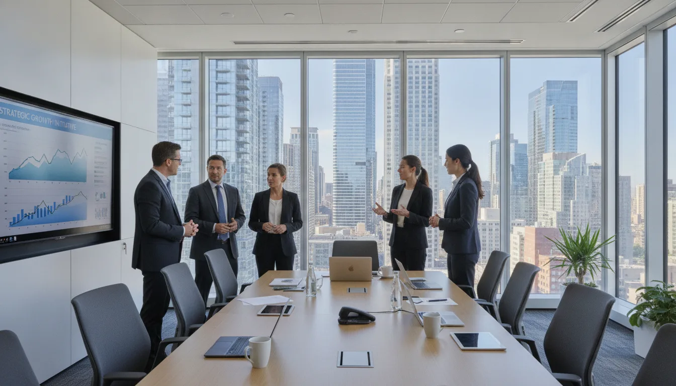 Executivos discutindo estratégias de desinvestimento em sala de reunião moderna com vista para a cidade | Imagine Company - Agência de Marketing e Vendas em Goiânia - GO - BRASIL