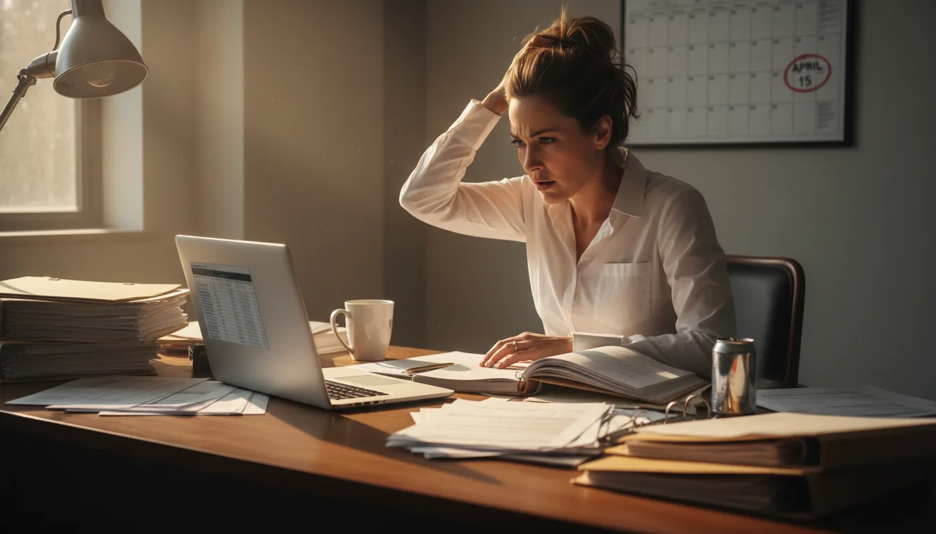 Mulher preocupada no escritório com laptop e documentos. | Imagine Company - Agência de Marketing e Vendas em Goiânia - GO - BRASIL