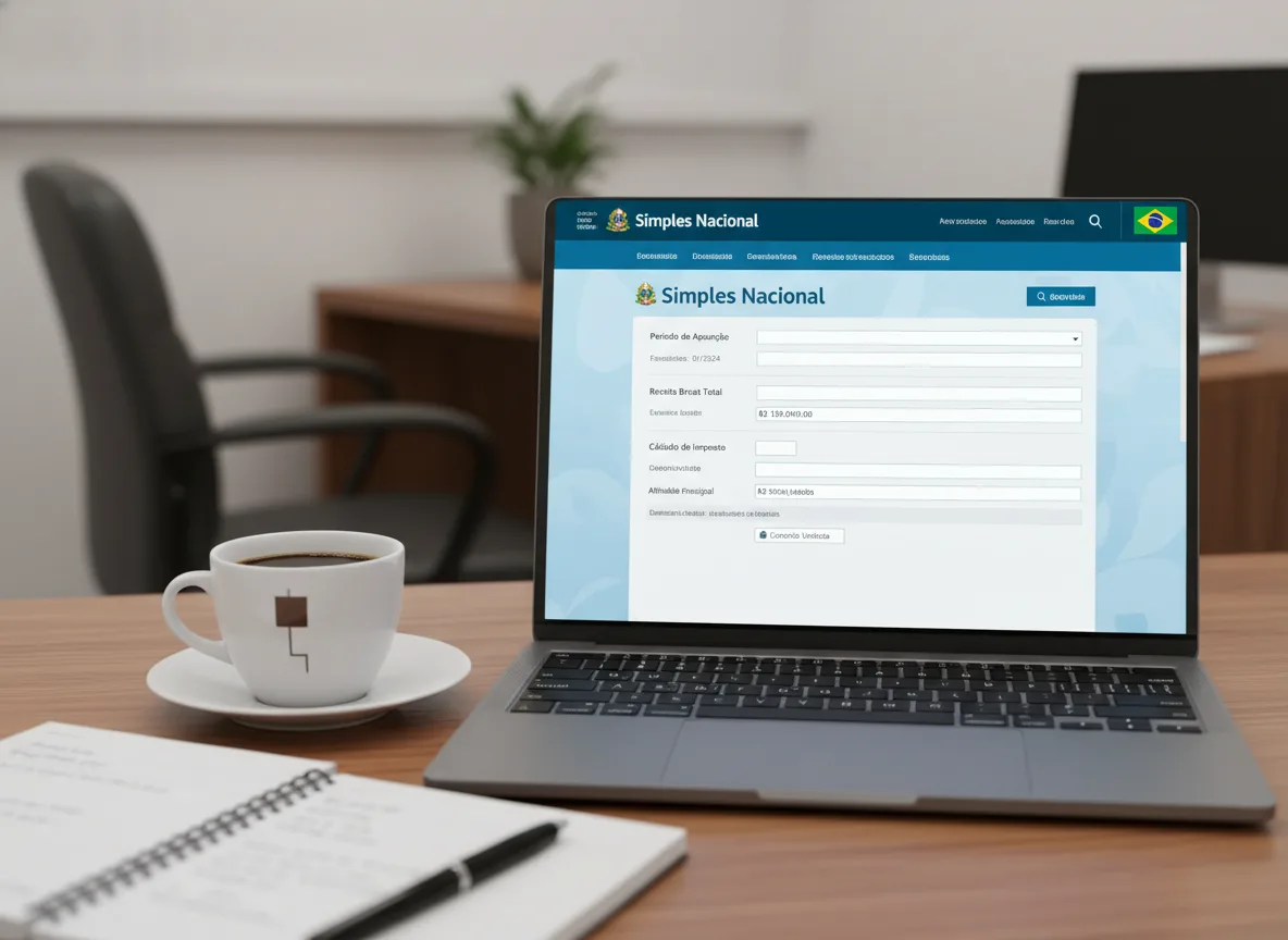 Laptop em mesa de escritório com site Simples Nacional aberto | Imagine Company - Agência de Marketing e Vendas em Goiânia - GO - BRASIL
