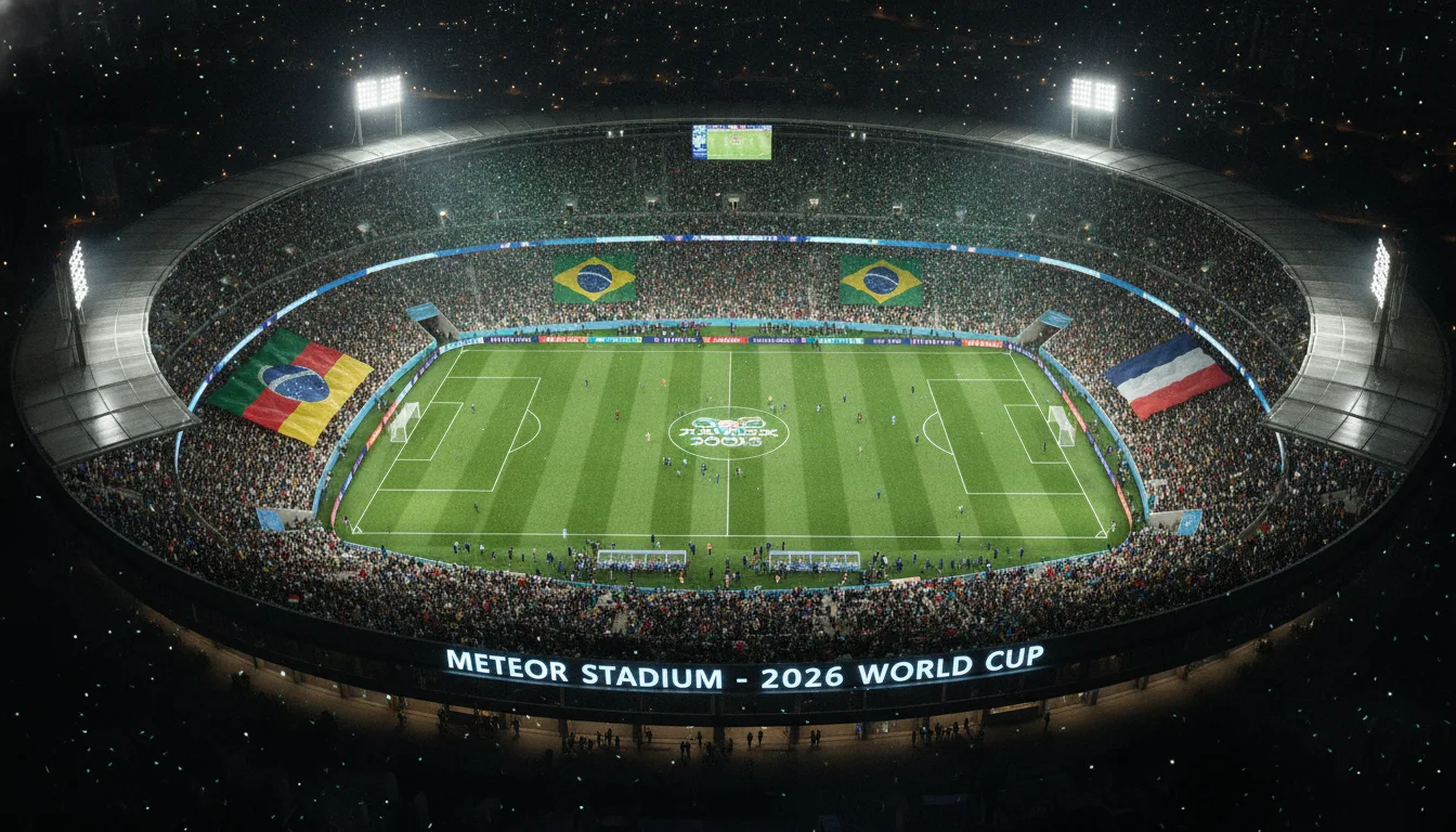 Vista aérea do Estádio Meteor com bandeiras do Brasil e França na Copa 2026 | Imagine Company - Agência de Marketing e Vendas em Goiânia - GO - BRASIL