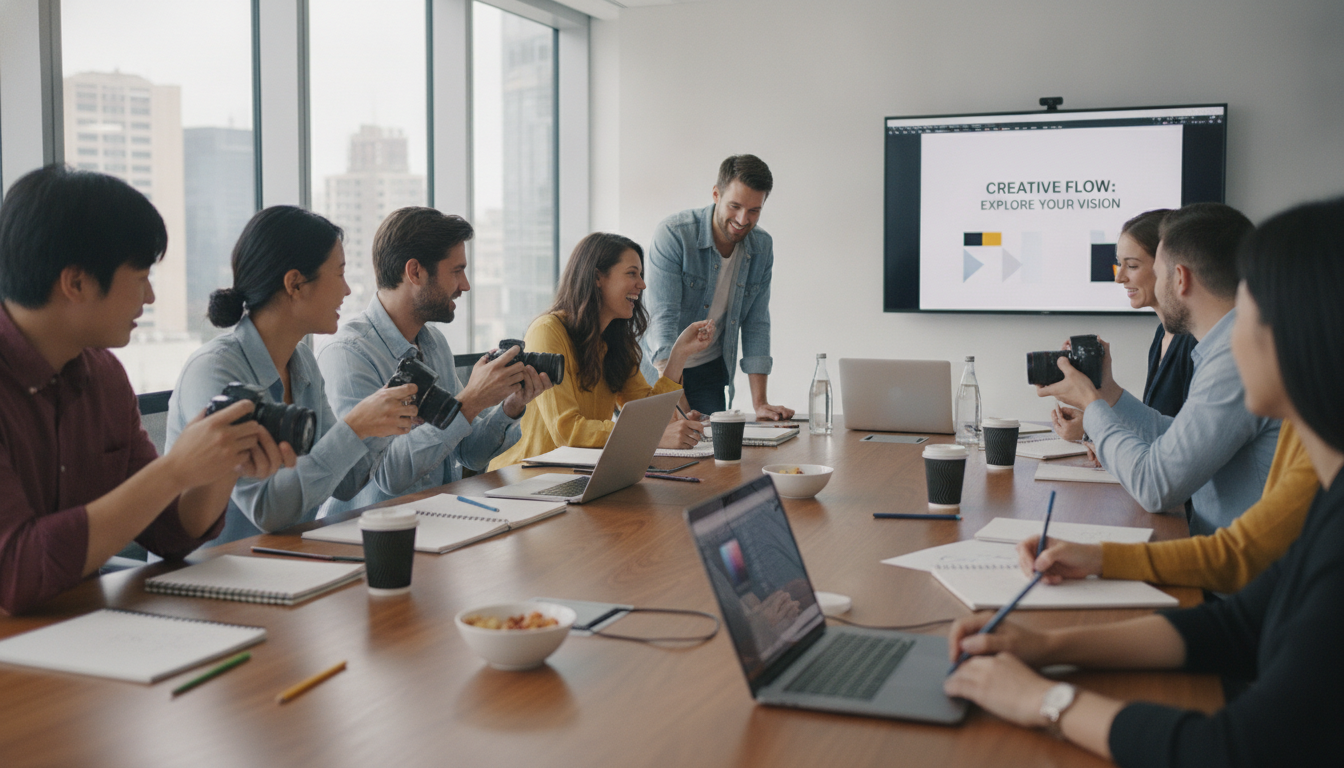 Grupo de pessoas em reunião criativa com câmeras e laptops em sala de conferência | Imagine Company - Agência de Marketing e Vendas em Goiânia - GO - BRASIL