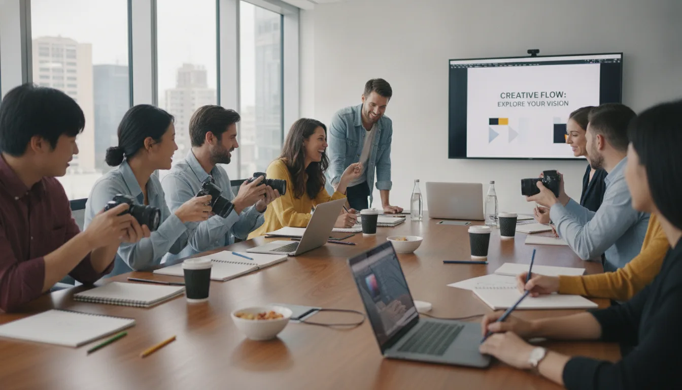 Grupo de pessoas em reunião criativa com câmeras e laptops em sala de conferência | Imagine Company - Agência de Marketing e Vendas em Goiânia - GO - BRASIL