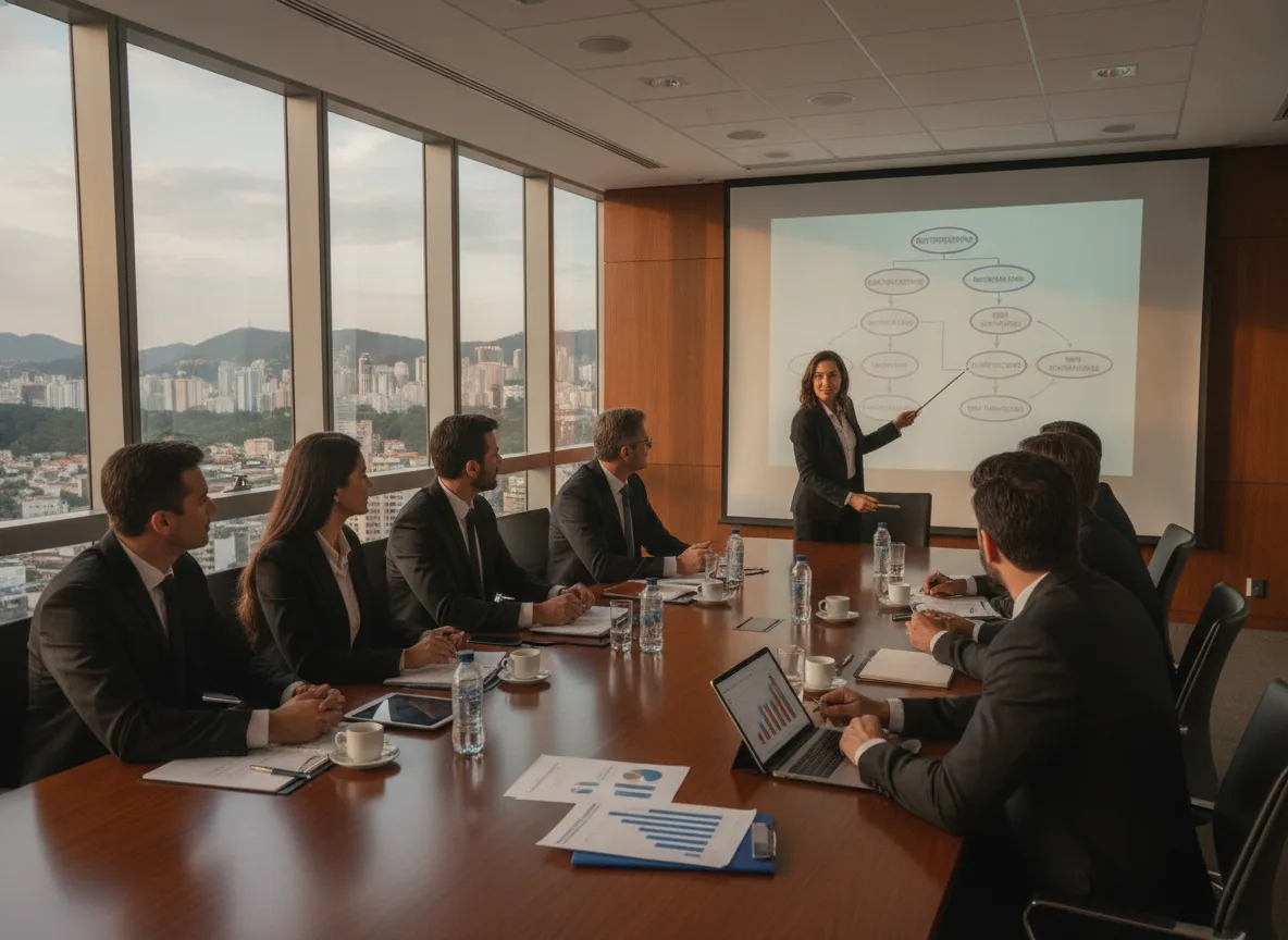 Executivos em reunião analisando gráficos e discutindo acordo de dívida | Imagine Company - Agência de Marketing e Vendas em Goiânia - GO - BRASIL