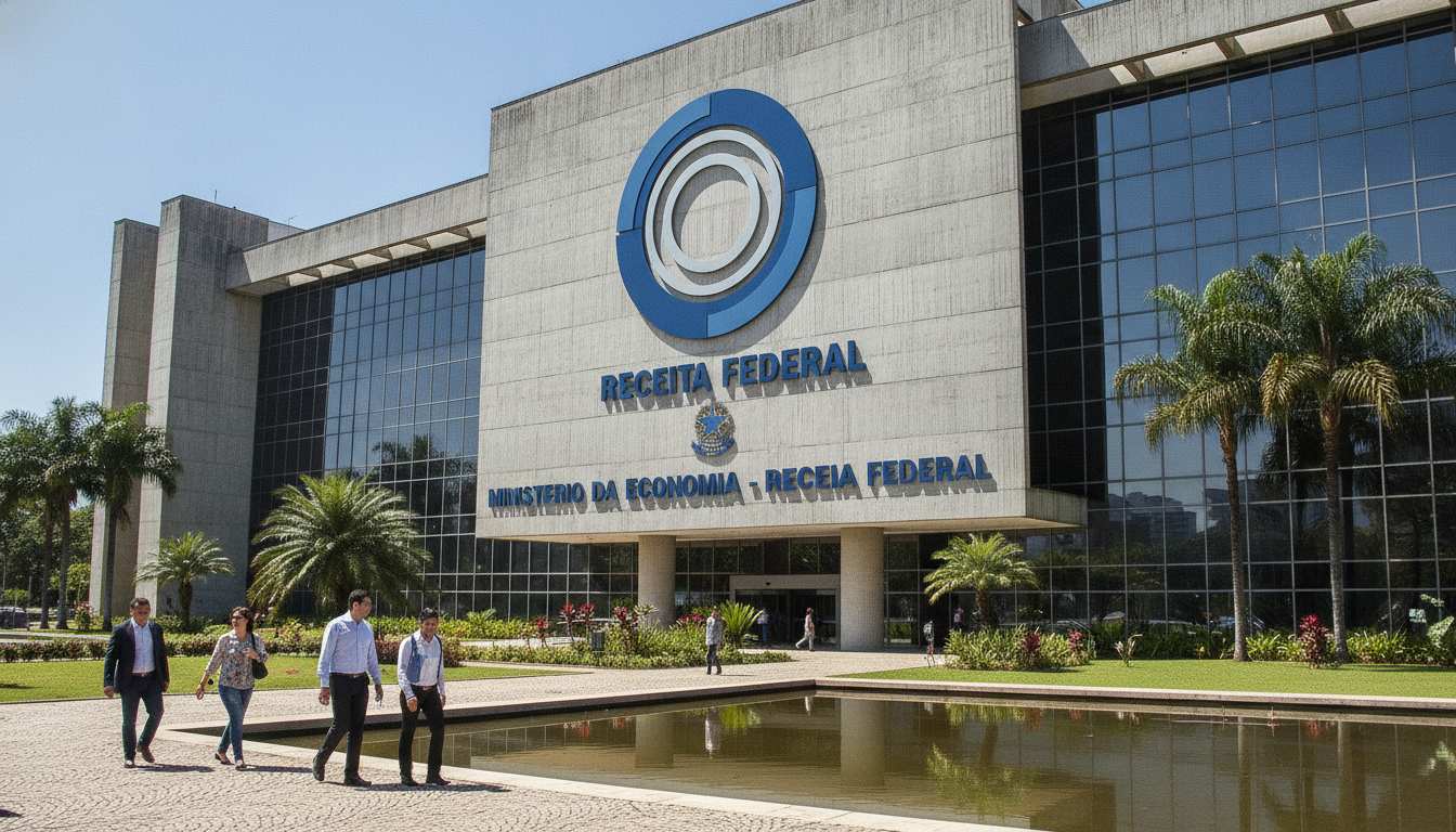 Prédio da Receita Federal com pessoas caminhando na frente | Imagine Company - Agência de Marketing e Vendas em Goiânia - GO - BRASIL